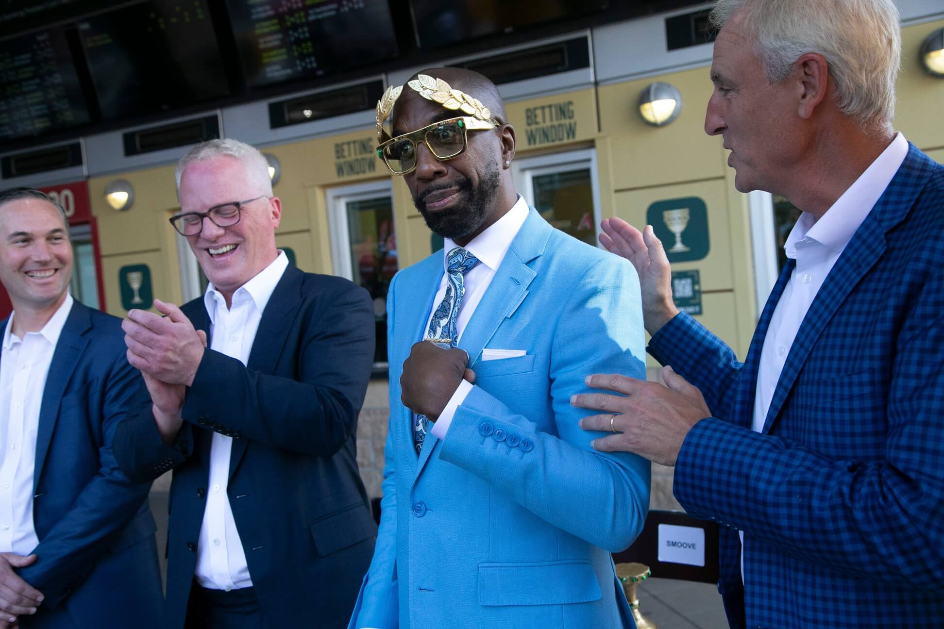 Caesars co-Presidents Eric Hession, from left, Chris Holdren, J.B. Smoove, star of the Caesars Sportsbook brand campaign, and Trey Wingo, Caesars Sportsbook Chief Trends Officer.