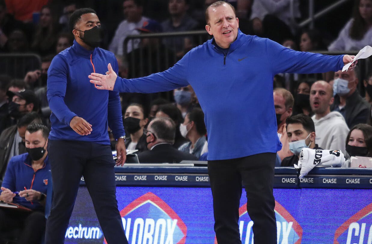 New York Knicks head coach Tom Thibodeau argues a call in the first quarter against the Indiana Pacers at Madison Square Garden.