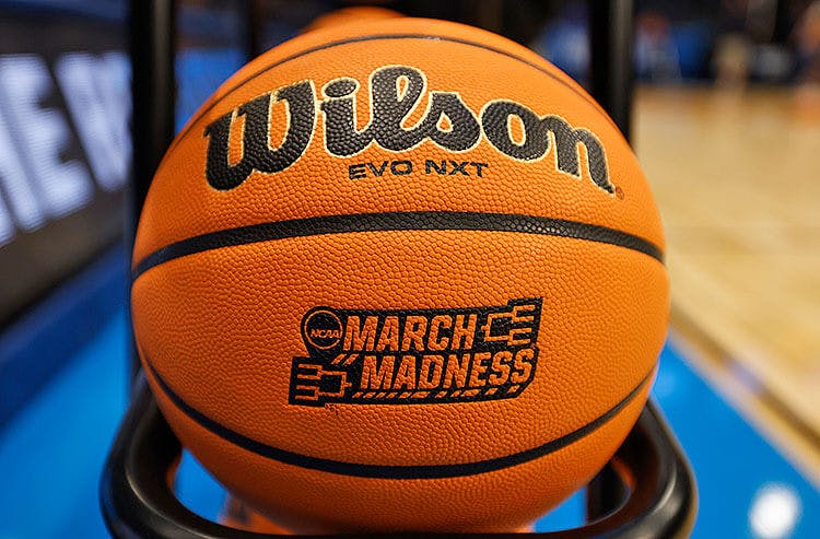 March Madness basketball in a rack.