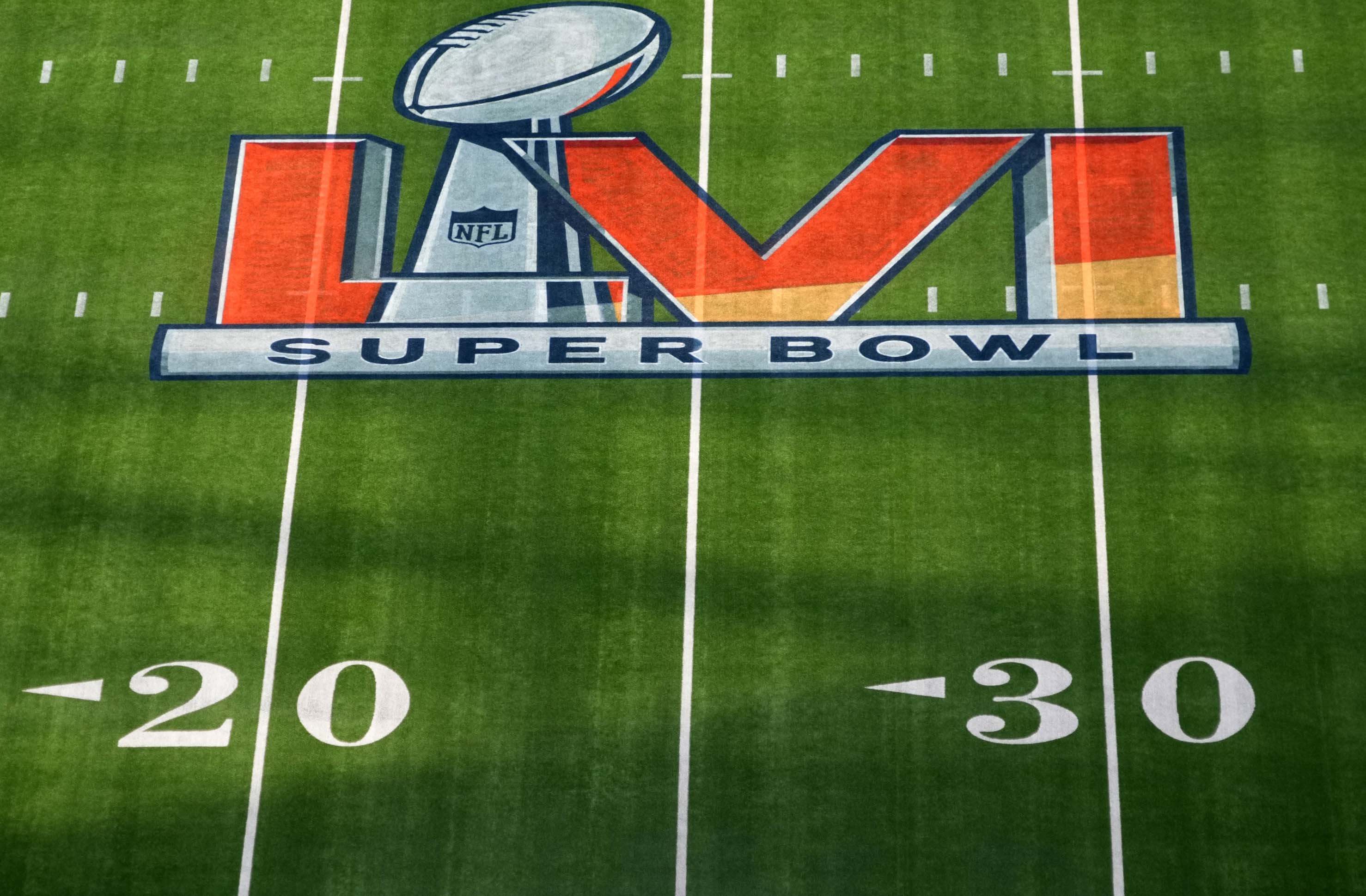 A detailed view of the Super Bowl LVI logo on the field at SoFi Stadium. Super Bowl 56 between the Los Angeles Rams and the Cincinnati Bengals will be played on Feb. 13, 2022.