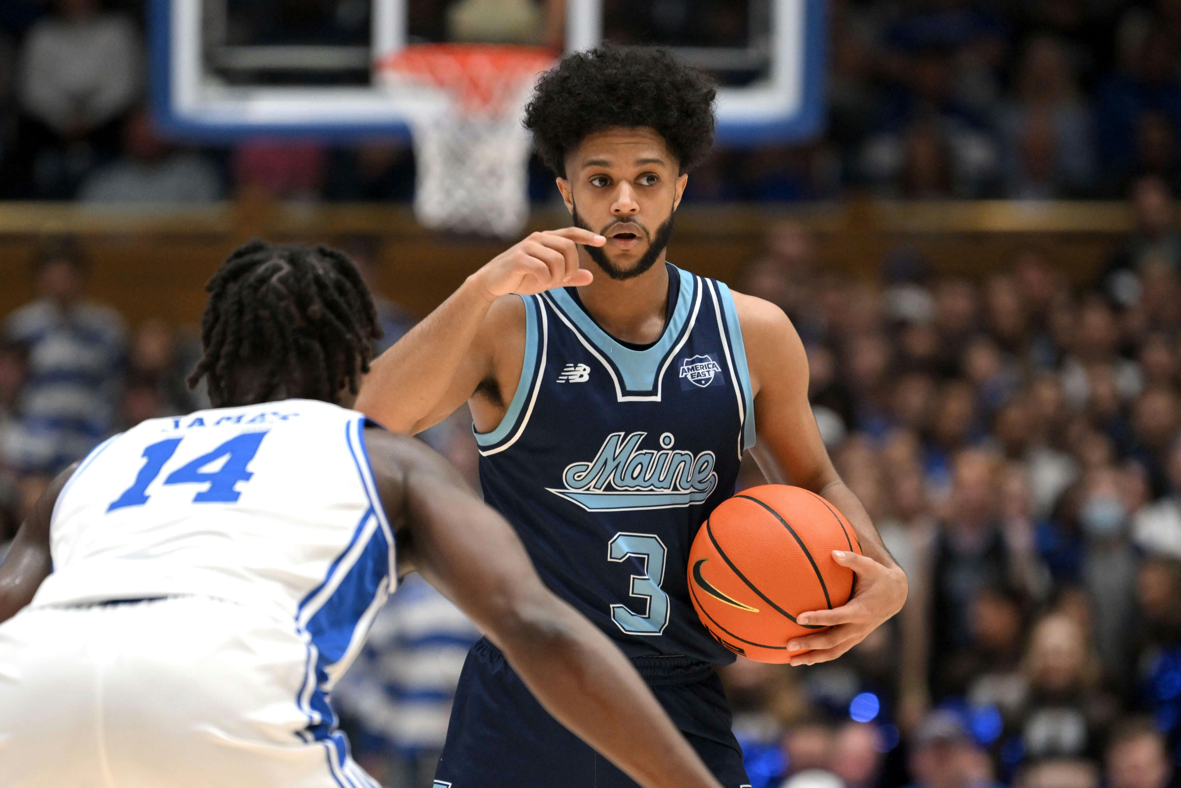 Maine Black Bears guard Jaden Clayton (3) calls a play during the first half against the Duke Blue Devils at Cameron Indoor Stadium. Mandatory Credit: Zachary Taft-Imagn Images