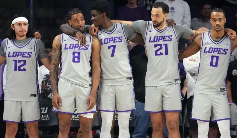 GCU Lopes players Jason Amador (12), Collin Moore (8), Tyon Grant-Foster (7), JaKobe Coles (21) and Ray Harrison (0).