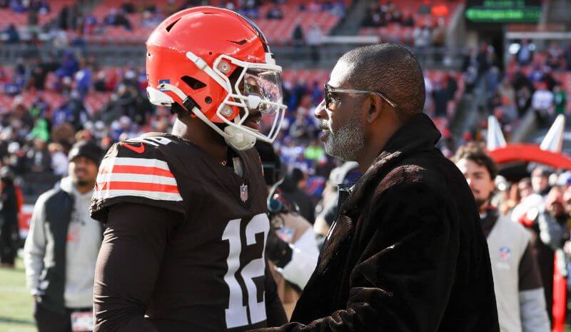 Cleveland Browns quarterback Shedeur Sanders (12) with father Deion Sanders.