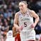 UConn Huskies guard Paige Bueckers (5) runs back on defense against the Oklahoma Sooners.