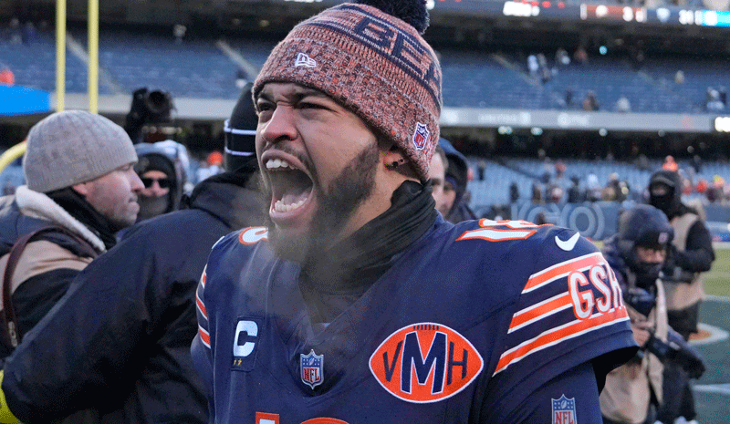 Chicago Bears quarterback Caleb Williams (18) celebrates after defeating the Cleveland Browns at Soldier Field.