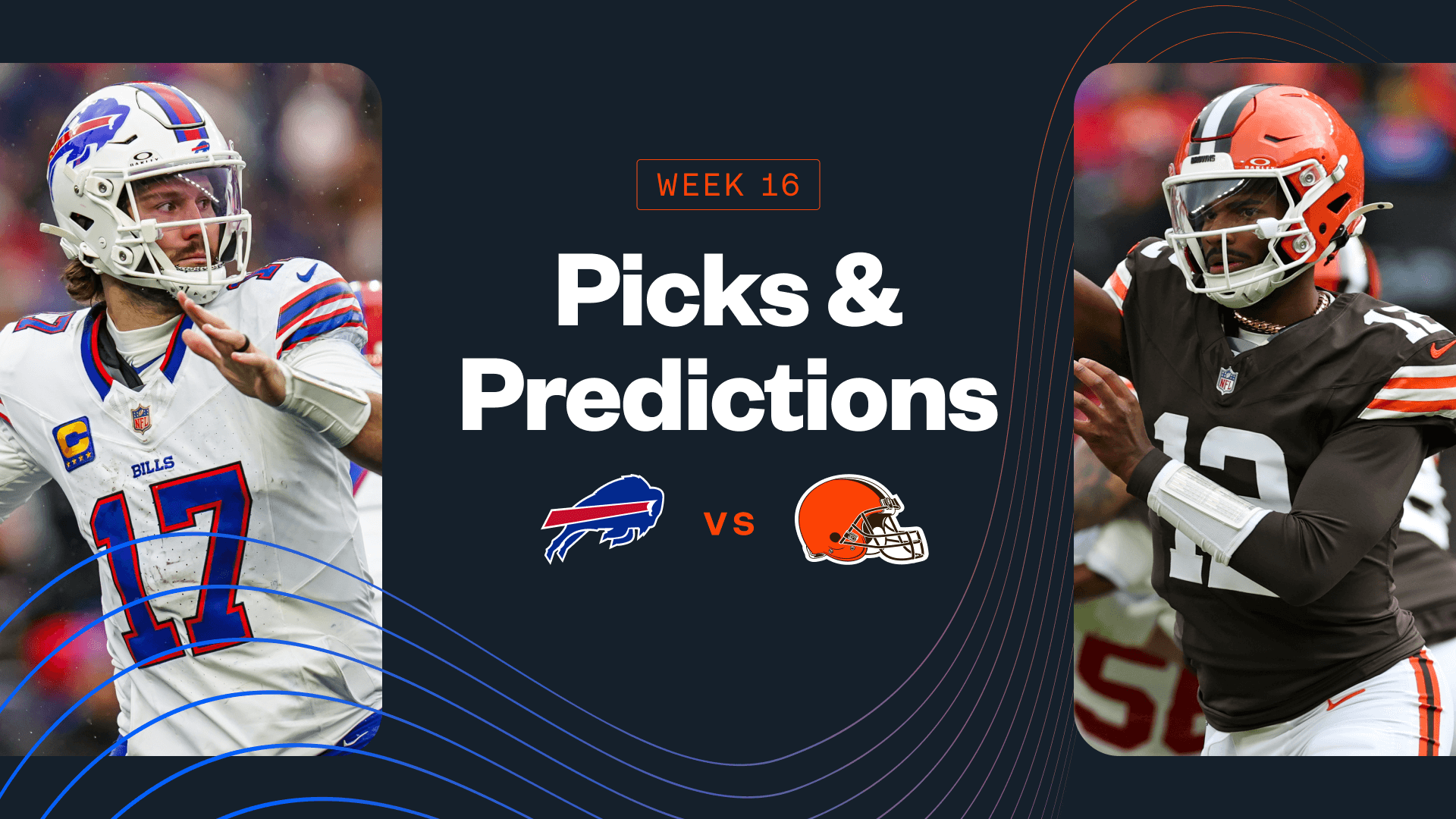 Promo image for Bills vs. Browns, including Josh Allen and Shedeur Sanders.