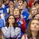 Apr 4, 2022; Lawrence, Kansas, USA; Kansas Jayhawks fans react to the 2022 NCAA men's basketball tournament Final Four championship game.