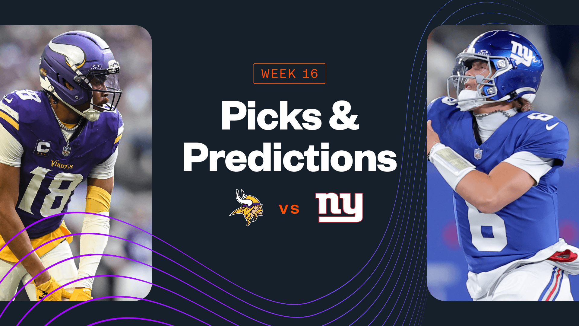 Promo image for Vikings vs. Giants, including Justin Jefferson and Jaxson Dart.