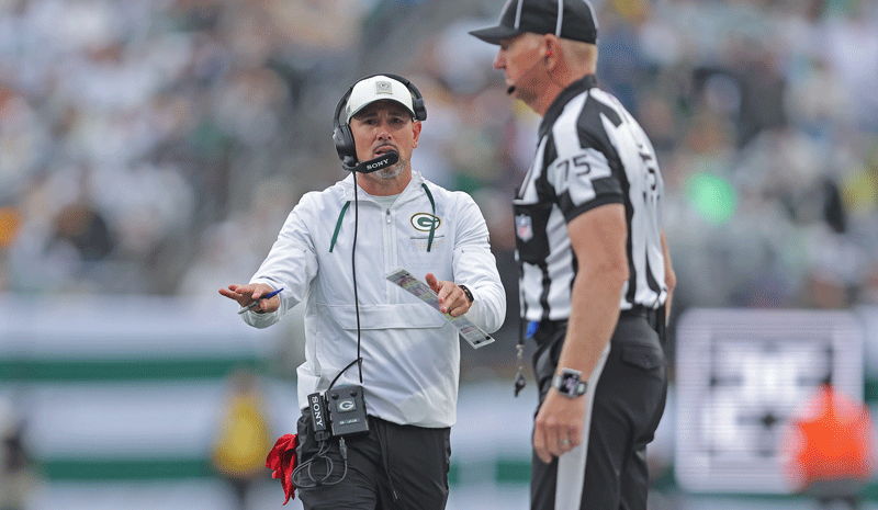 Falcons vs. Packers smart money & Kalshi odds. Packers head coach Matt LaFleur questions an official.