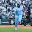 Toronto Blue Jays first baseman Vladimir Guerrero Jr. (27) celebrates after hitting a home run during the first inning against the Los Angeles Dodgers in Game 5 of the 2025 MLB World Series at Dodger Stadium. Kiyoshi Mio-Imagn Images