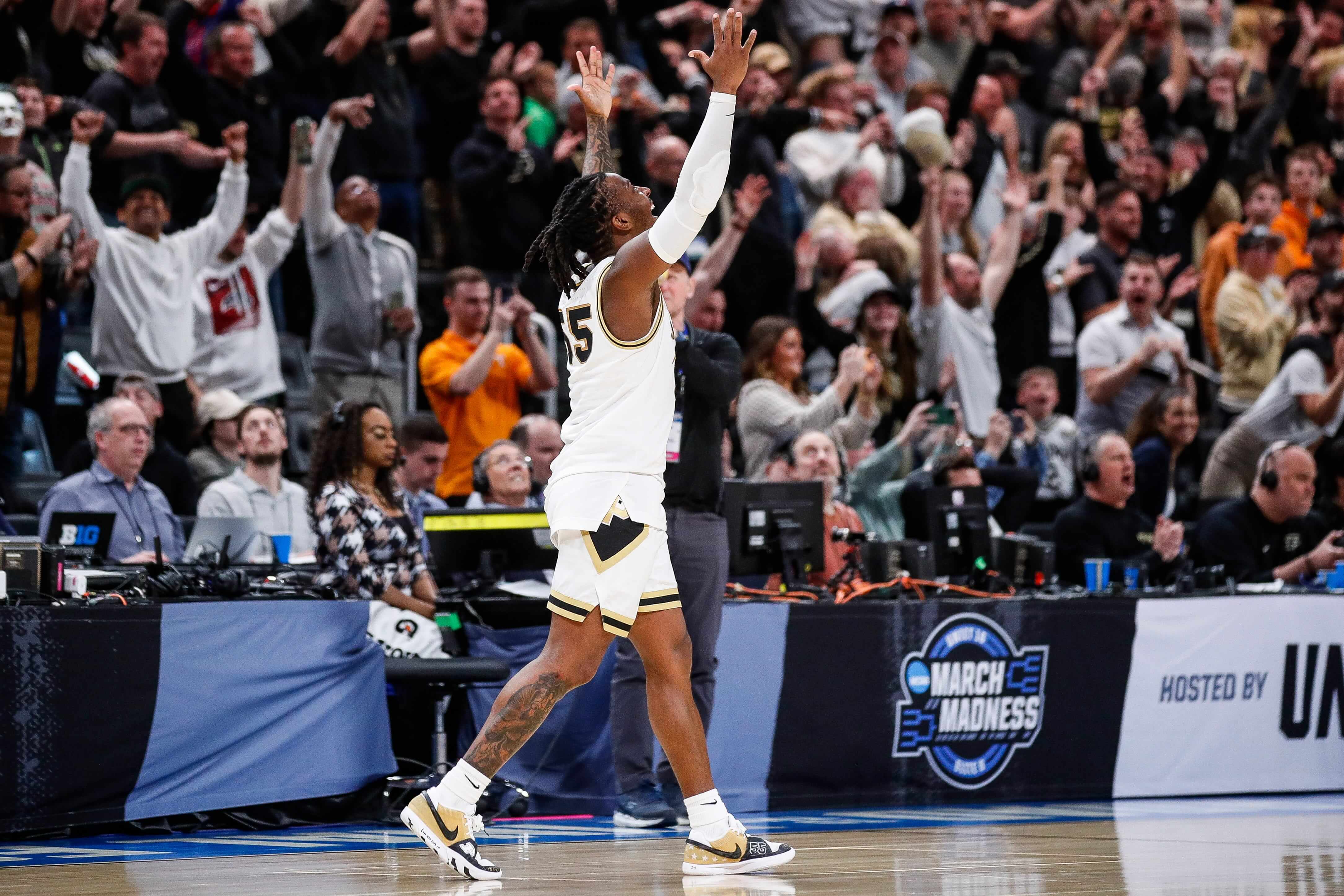 Purdue guard Lance Jones celebrates 72-66 win over Tennessee at the NCAA tournament Elite 8