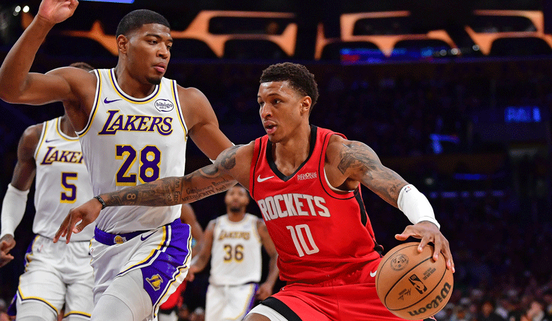 Houston Rockets forward Jabari Smith Jr. (10) moves to the basket against Los Angeles Lakers forward Rui Hachimura (28) during the second half at Crypto.com Arena.