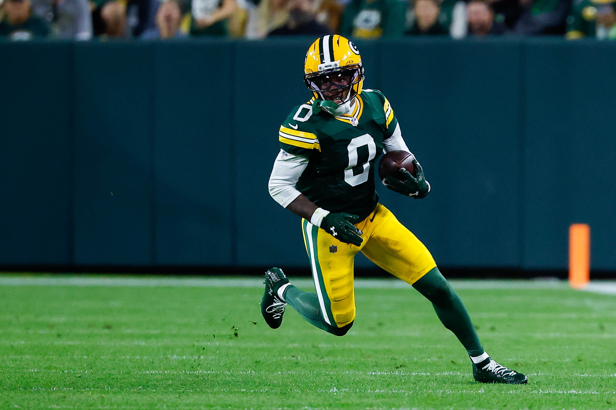 Cowboys vs Packers AI predictions SNF, Green Bay Packers wide receiver Matthew Golden (0) runs after a catch at Lambeau Field in Green Bay, Wisconsin.