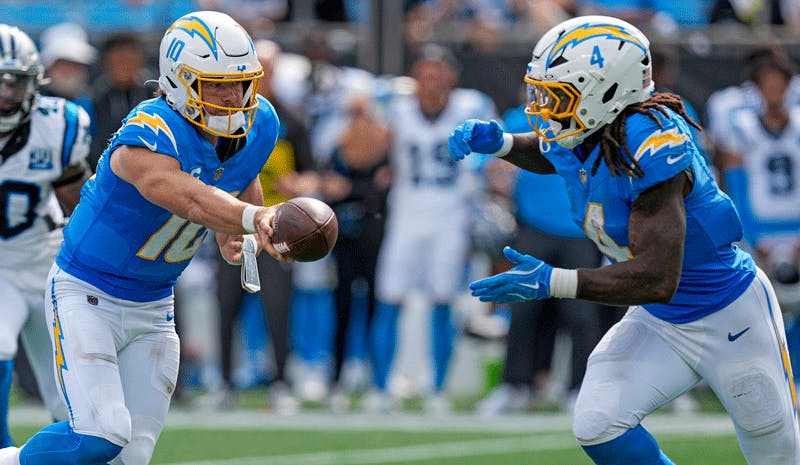  Justin Herbert & Gus Edwards Los Angeles Chargers NFL Sunday Night Football.