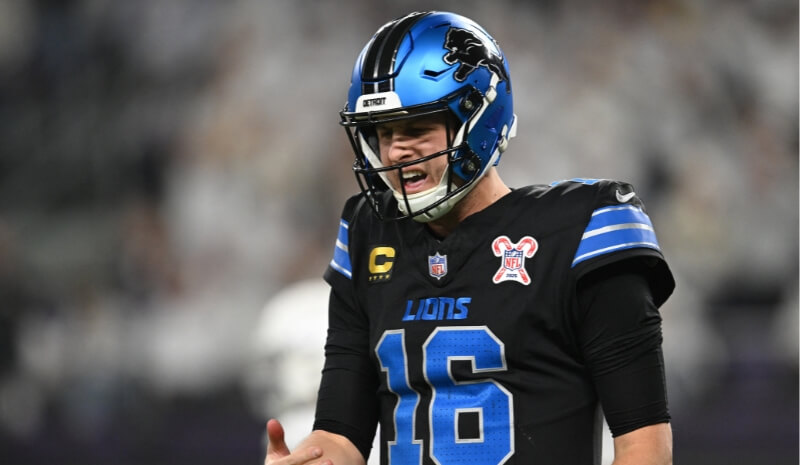 Detroit Lions quarterback Jared Goff (16) reacts.