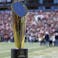 Detailed view of the National Championship trophy on the field during a game between the Georgia Bulldogs and Georgia Tech Yellow Jackets in the second quarter at Bobby Dodd Stadium.