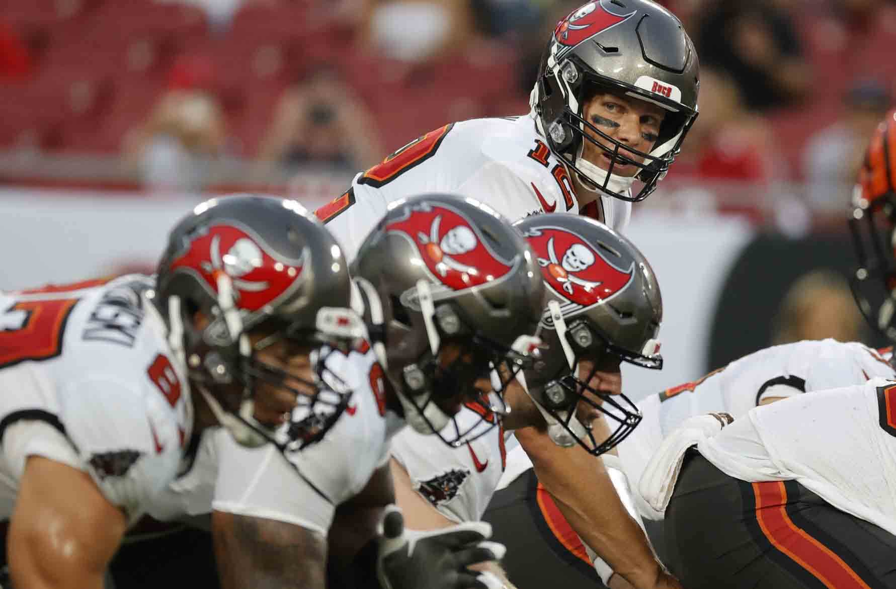 Tampa Bay Buccaneers quarterback Tom Brady (12) waits for the snap against the Cincinnati Bengals during the first quarter at Raymond James Stadium.