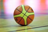 General view of FIBA basketball during a stoppage in play.