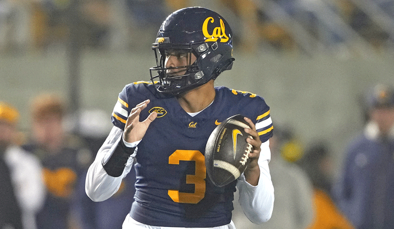California Golden Bears quarterback Jaron-Keawe Sagapolutele (3) drops back to pass against the Southern Methodist Mustangs during the second quarter at California Memorial Stadium.