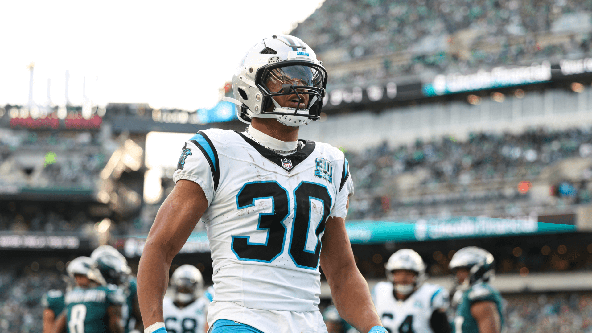 Carolina Panthers running back Chuba Hubbard (30) reacts to his touchdown run against the Philadelphia Eagles.