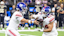  New York Giants quarterback Jaxson Dart (6) hands off to running back Cam Skattebo (44).