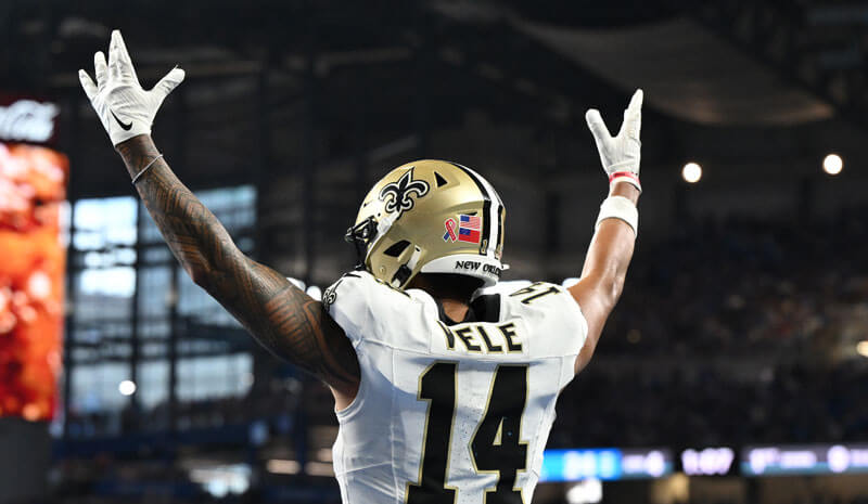 New Orleans Saints wide receiver Devaughn Vele (14) celebrates a touchdown.
