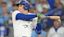 Toronto Blue Jays right fielder George Springer (4) hits a double against the Los Angeles Dodgers in the first inning during game two of the 2025 MLB World Series at Rogers Centre.