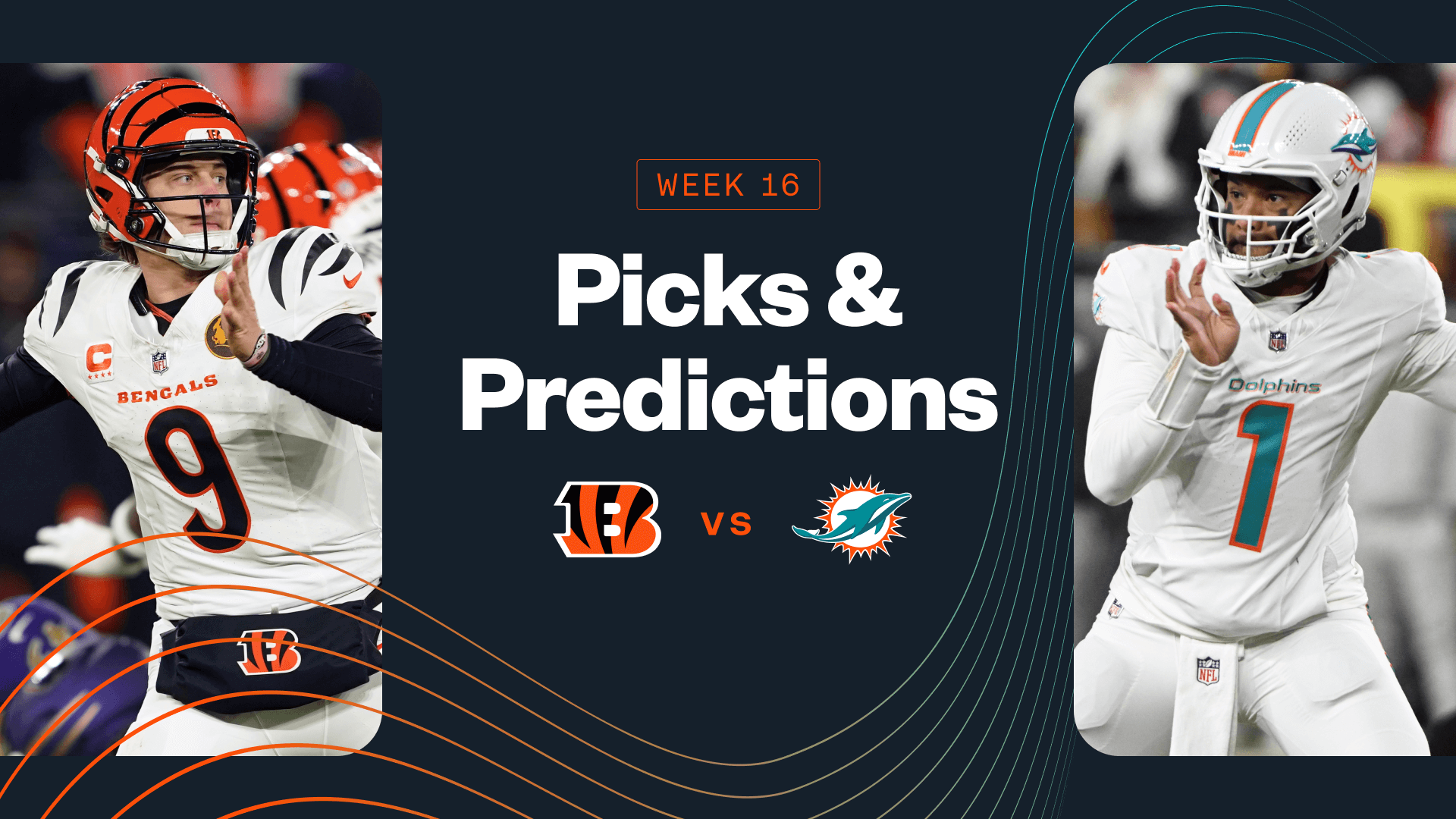 Promo image for Bengals vs. Dolphins, including Joe Burrow and Tua Tagovailoa.