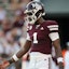 Mississippi State Bulldogs quarterback Kamario Taylor (1) looks on.