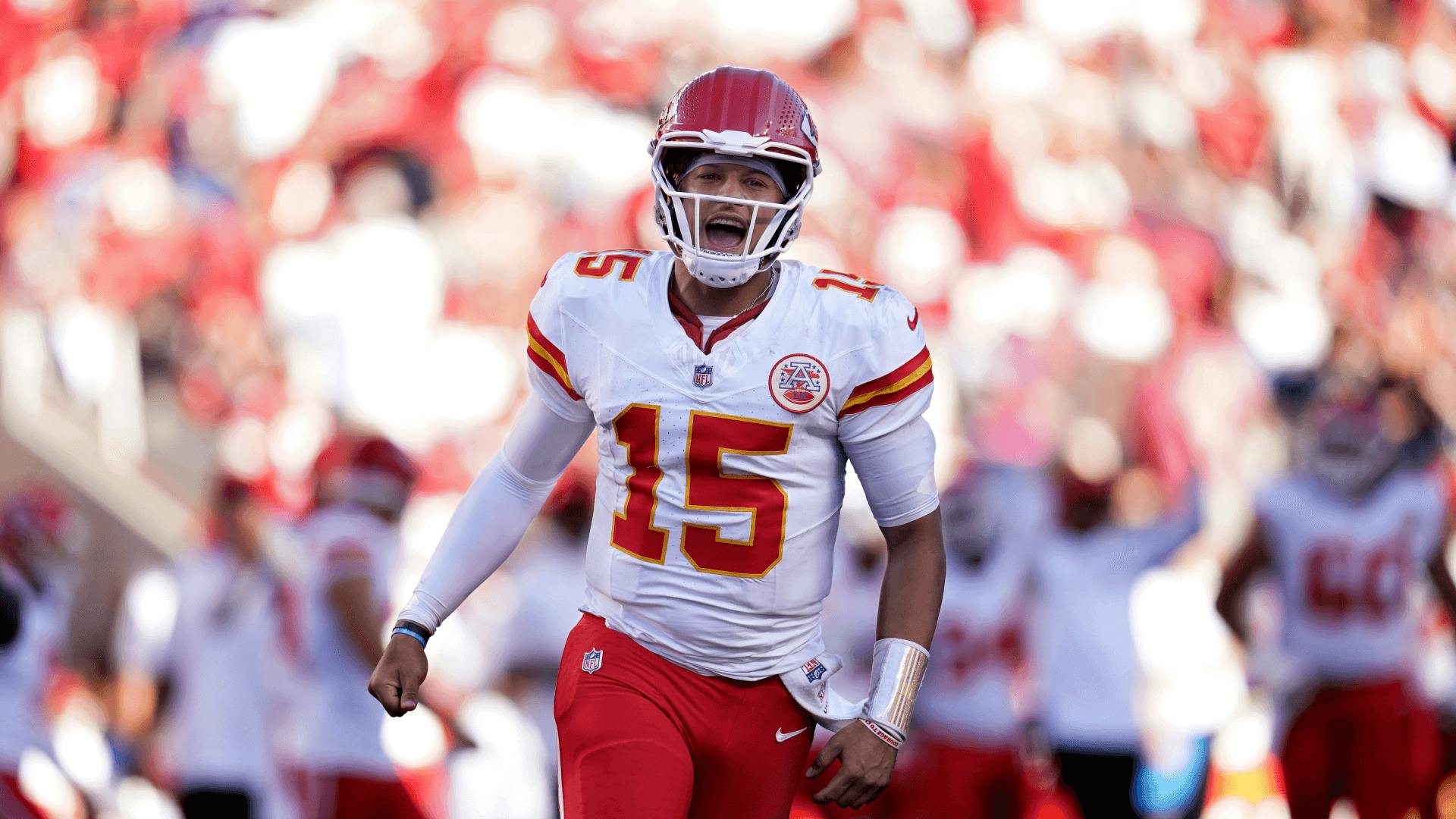 Kansas City Chiefs quarterback Patrick Mahomes reacts after the Chiefs scored a touchdown against the San Francisco 49ers