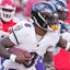 Baltimore Ravens quarterback Lamar Jackson (8) scrambles during the third quarter against the Kansas City Chiefs at GEHA Field at Arrowhead Stadium.