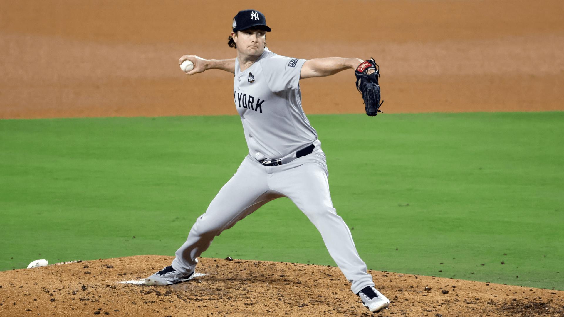 New York Yankees starter Gerrit Cole delivers a pitch during the 2024 World Series.