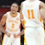 Tennessee's Chaz Lanier (2) celebrates Tennessee's Jordan Gainey’s (11) basket during a men’s college basketball game between Tennessee and South Carolina at Thompson-Boling Arena at Food City Center, Saturday, March 8, 2025.