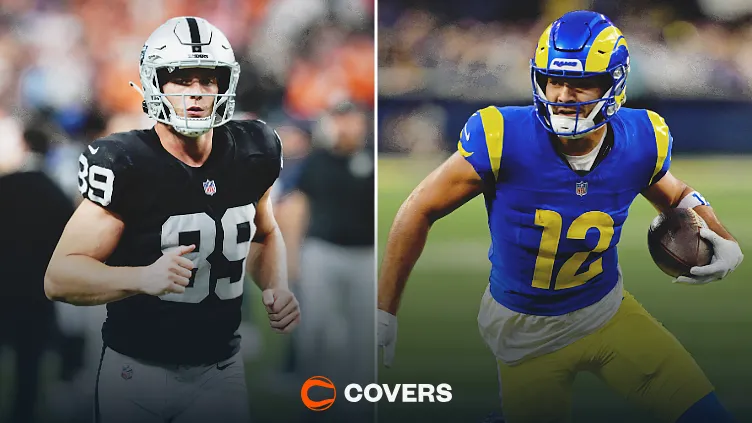 Rams vs Raiders prediction. Custom image of Puka Nacua and Brock Bowers.