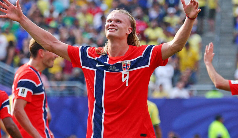 Norway's Erling Haaland celebrates scoring his second goal against Brazil.
