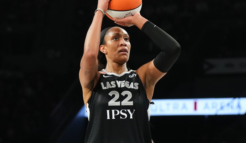Las Vegas Aces center A'ja Wilson (22) shoots a free throw.