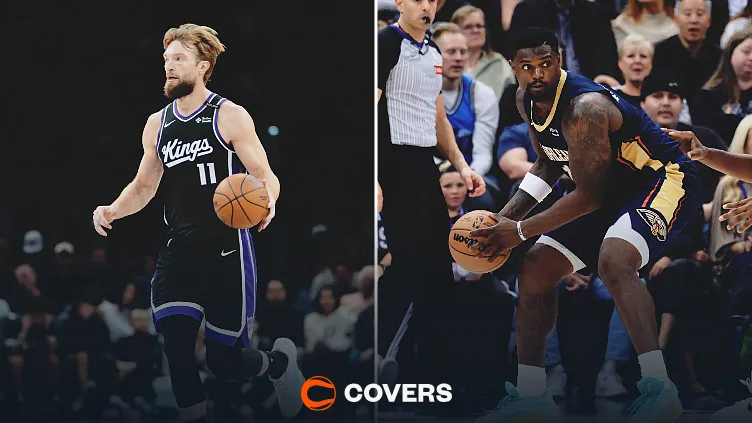 Kings vs. Pelicans prediction. Custom image of Domantas Sabonis and Zion Williamson.