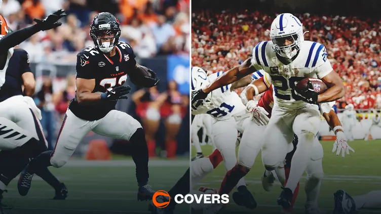 Texans vs. Colts Prediction, NFL. Texans running back David Montgomery and Colts running back Jonathan Taylor.