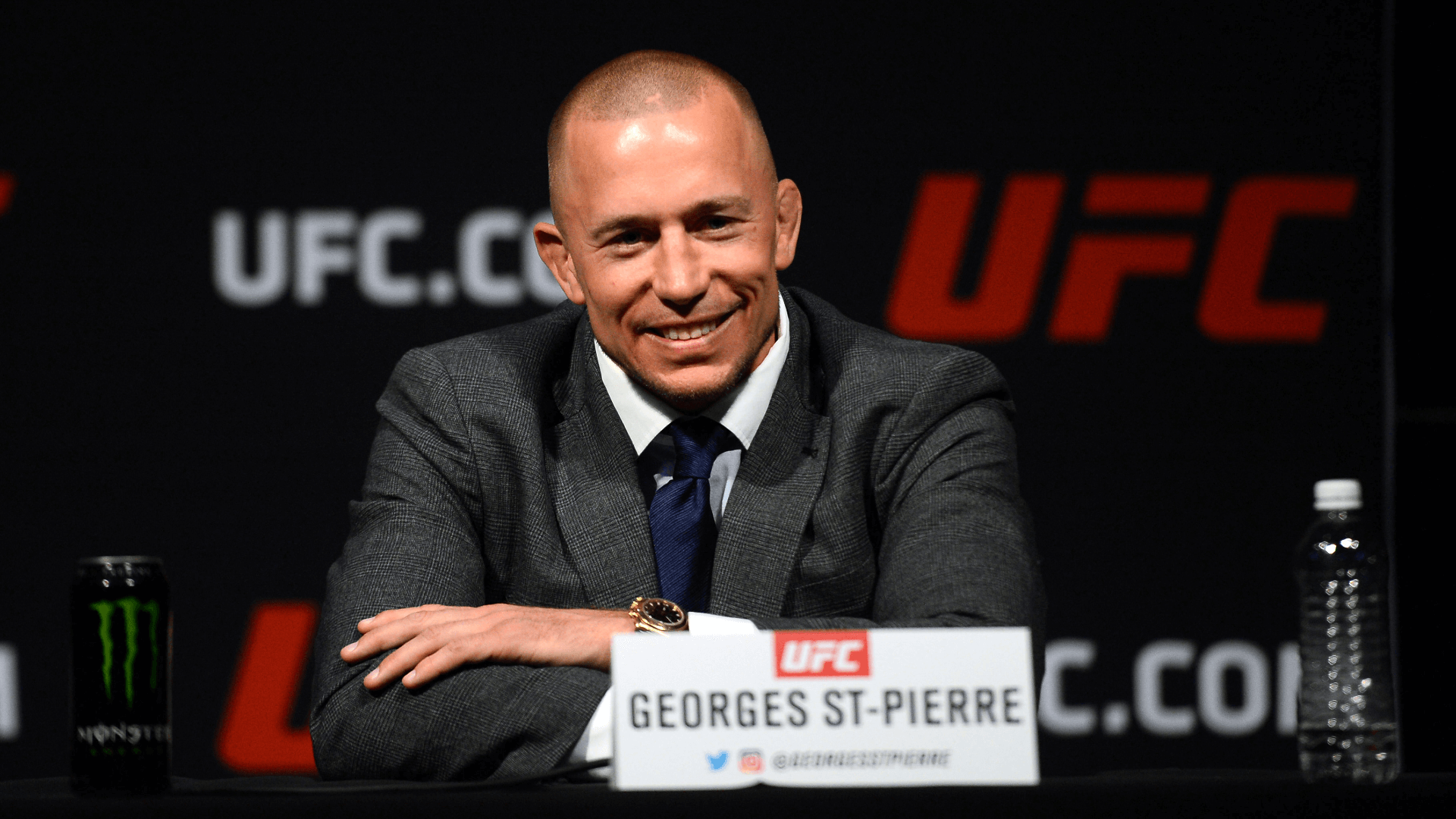 Georges St-Pierre speaks during a press conference.