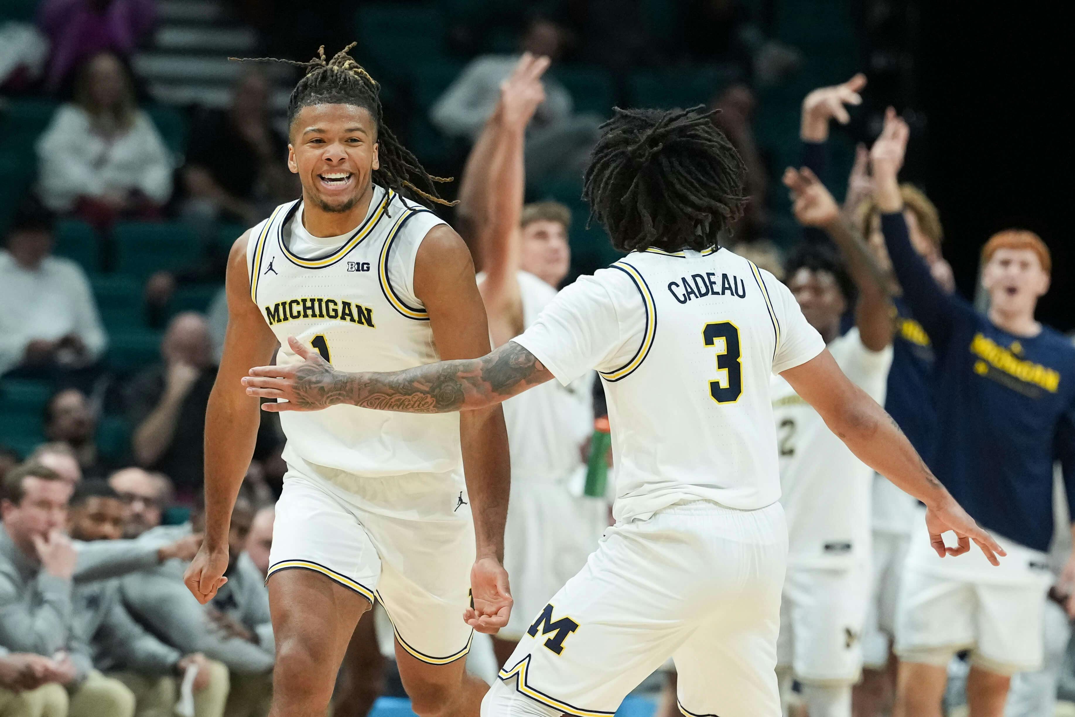 Michigan Wolverines guard Trey McKenney (1) reacts in the second half against the Gonzaga Bulldogs in the 2025 Players Era Festival championship game at MGM Grand Garden Arena. Kirby Lee-Imagn Images