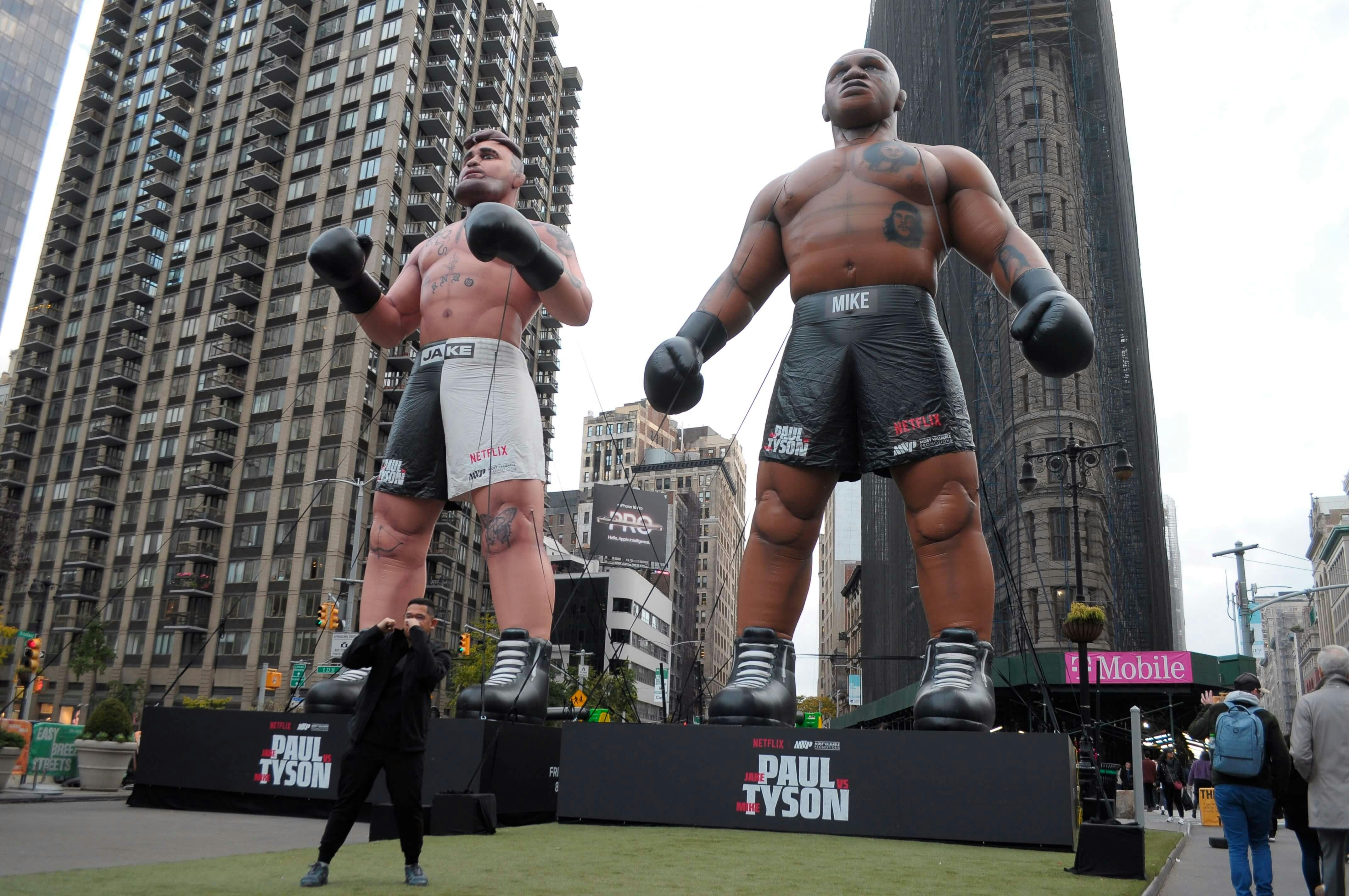 Balloons of Jake Paul, left, and Mike Tyson, right, advertising the upcoming Jake Paul vs. Mike Tyson boxing match are seen in Manhattan, New York City. (Photo by Jimin Kim / SOPA Images/Sipa USA)