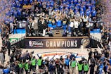The Oklahoma City Thunder celebrate after winning game seven of the 2025 NBA Finals against the Indiana Pacers at Paycom Center. Kyle Terada-Imagn Images
