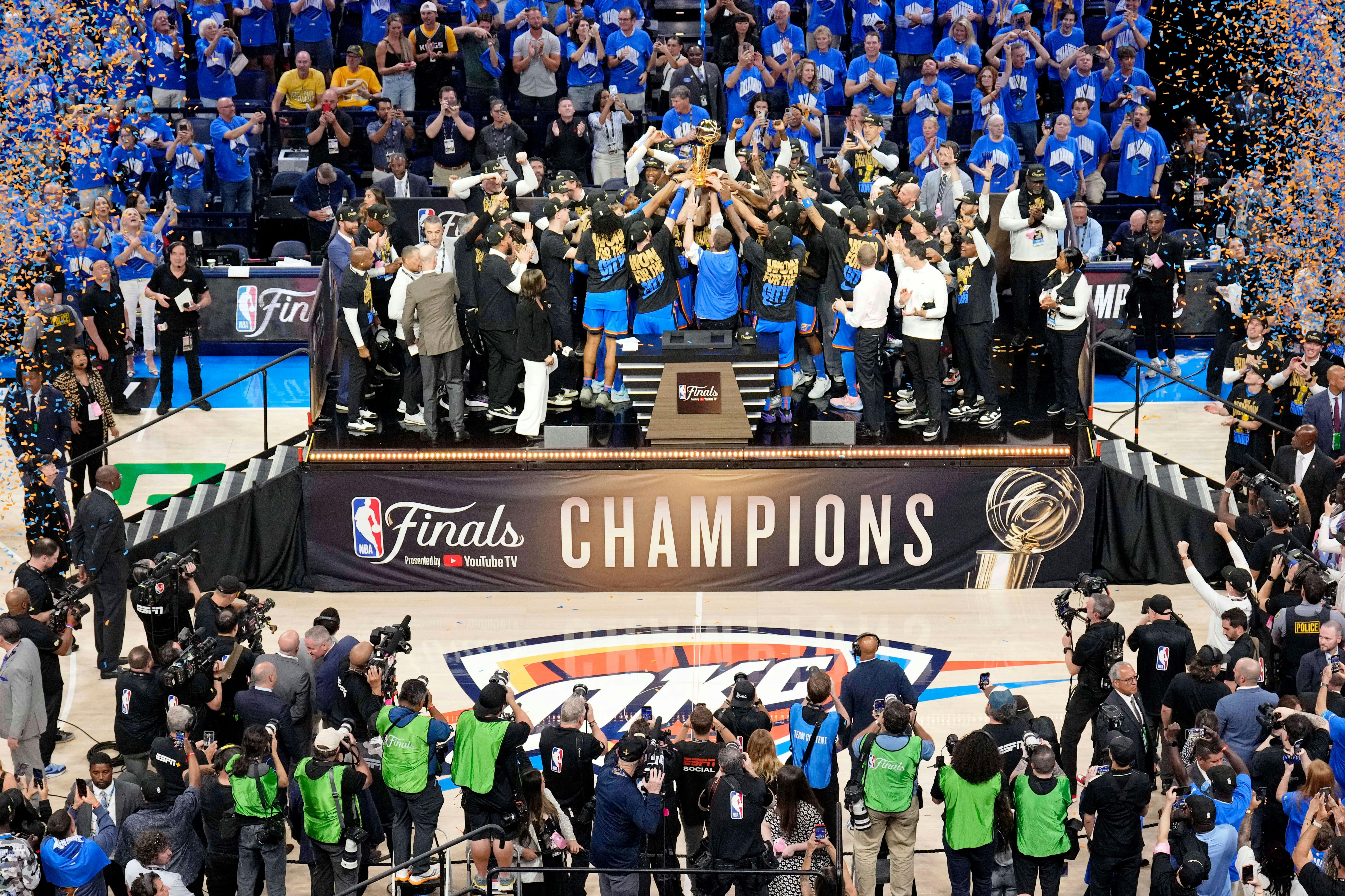 The Oklahoma City Thunder celebrate after winning game seven of the 2025 NBA Finals against the Indiana Pacers at Paycom Center. Kyle Terada-Imagn Images