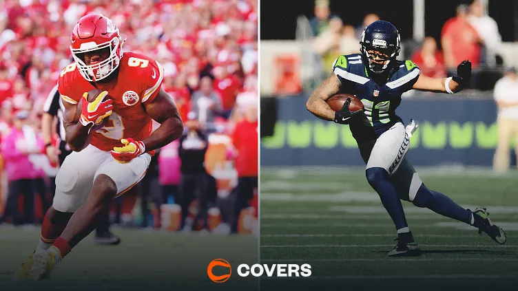 Chiefs vs Seahawks score prediction. Custom image featuring Chiefs running back Kenneth Walker (left) and Seahawks wide receiver Jaxon Smith-Njigba (right).