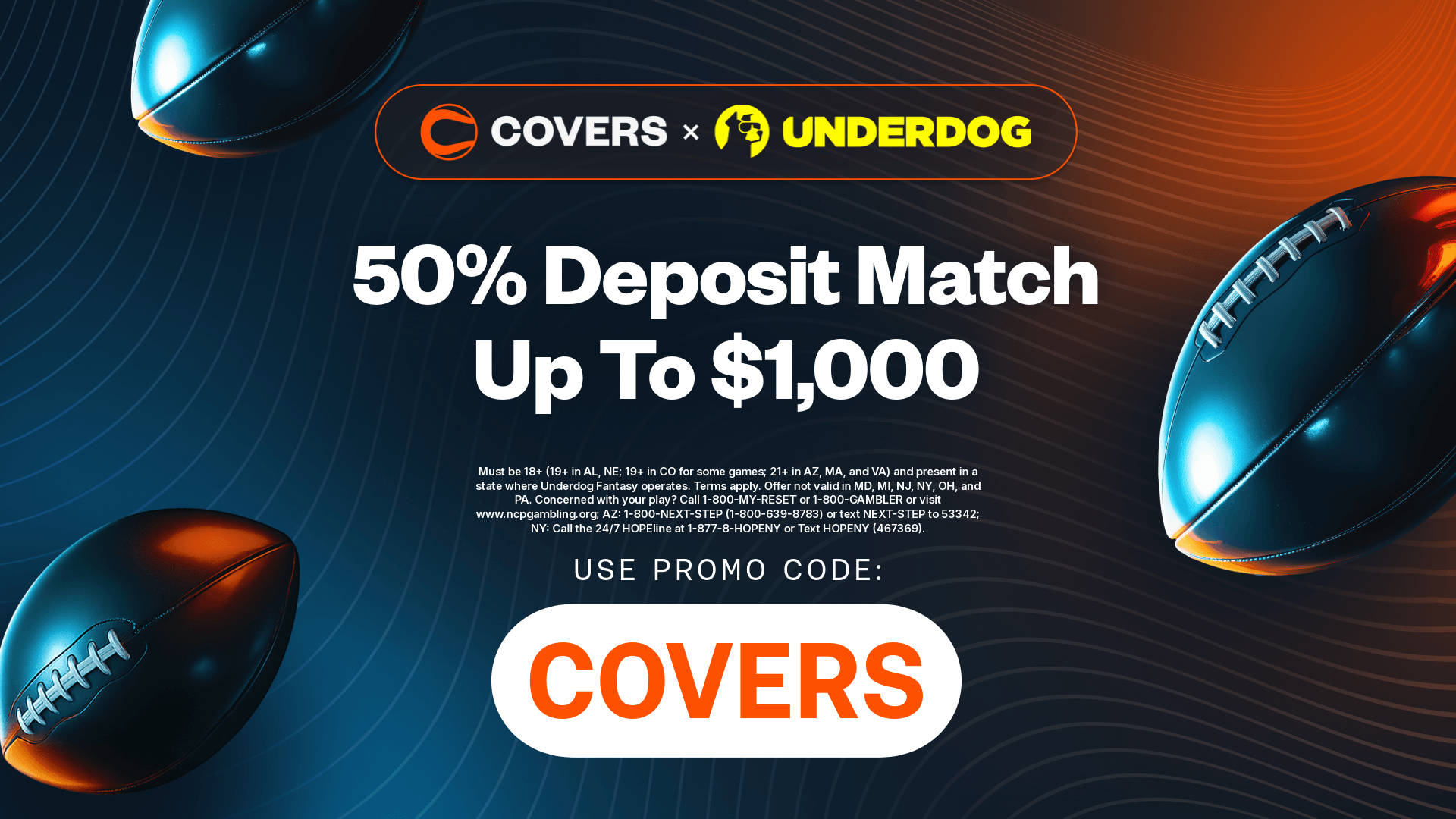Use Underdog promo code COVERS to claim a 50% deposit match up to $1,000