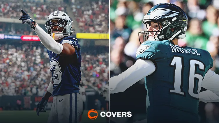 Cowboys vs Eagles score prediction. Custom image featuring Cowboys wide receiver George Pickens (left) and Eagles quarterback Tanner McKee (right).