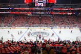 Edmonton Oilers and Florida Panthers take the ice during the warmup period in game five of the 2025 Stanley Cup Final at Rogers Place. Sergei Belski-Imagn Images