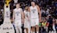 Denver Nuggets guard Jamal Murray (27) and center Nikola Jokic (15) and guard Christian Braun (0).