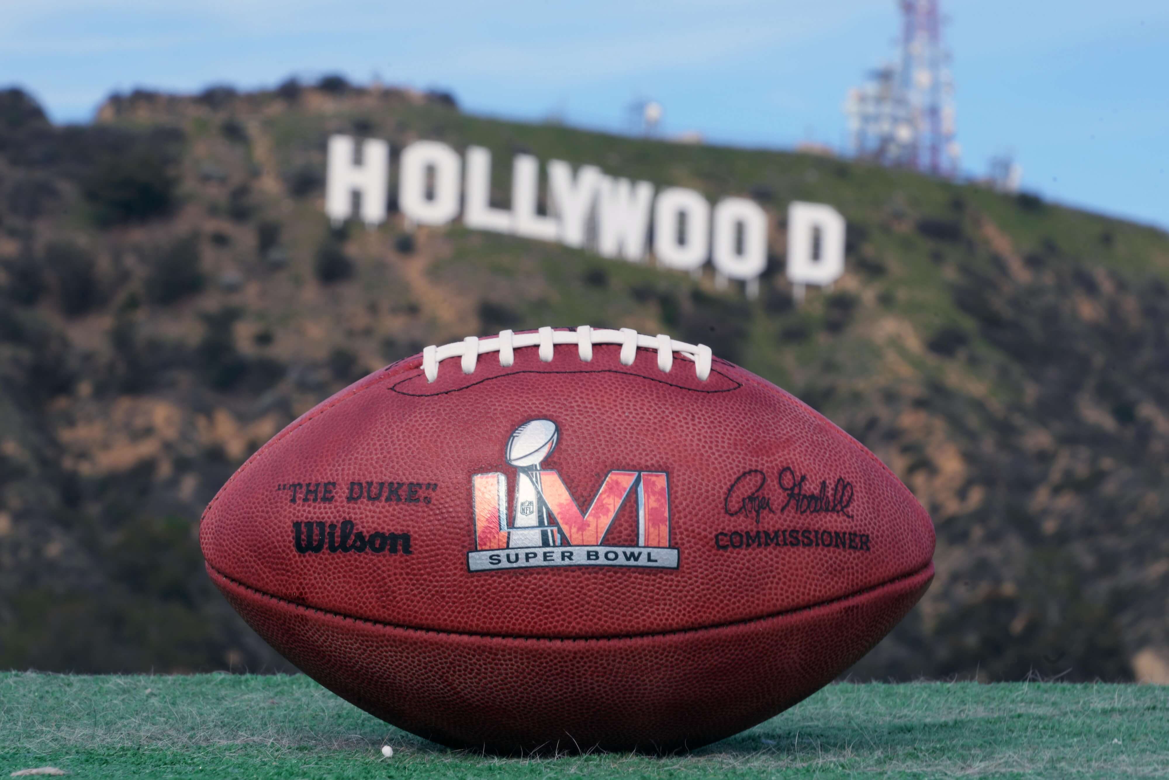 Jan 30, 2022; Los Angeles, California, USA; A NFL Wilson official Duke football with Super Bowl LVI logo is seen at the Hollywood sign.