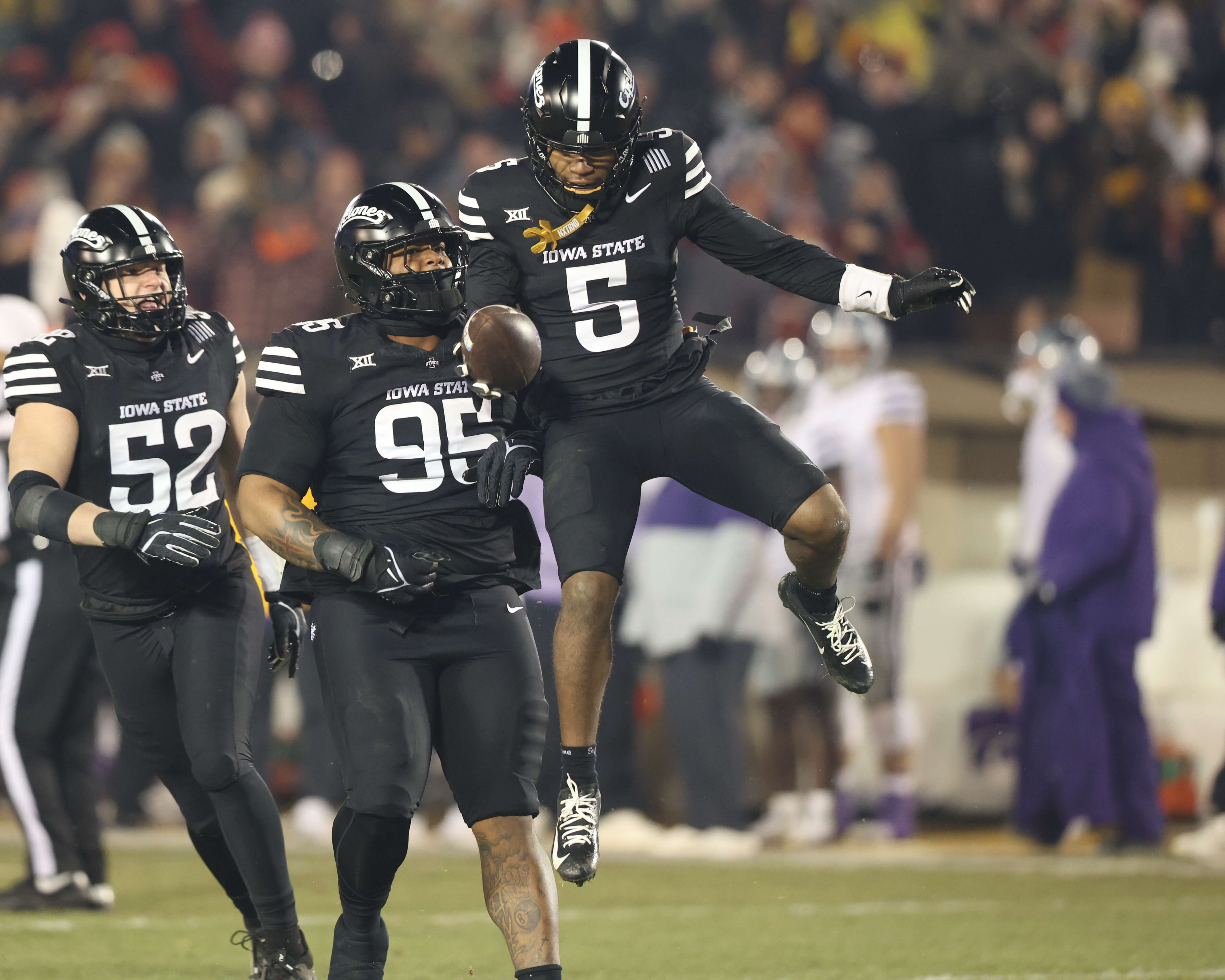  Iowa State Cyclones defensive back Myles Purchase (5) recovers a fumble by the Kansas State Wildcats in the first quarter at Jack Trice Stadium. Mandatory Credit: Reese Strickland-Imagn Images